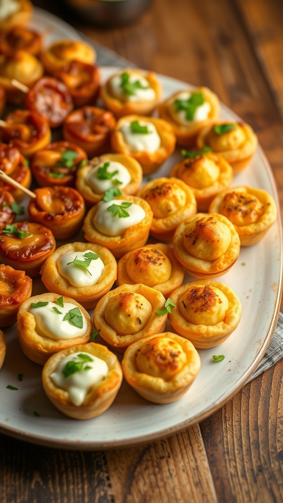 A platter of golden savory appetizers including pesto cream cheese bites and barbecue chicken puffs, garnished with herbs.